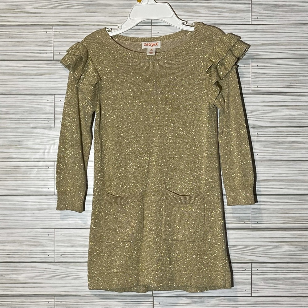 Girls-kids Cat & jack dress / gold sparkly dress with ruffles on the shoulders.